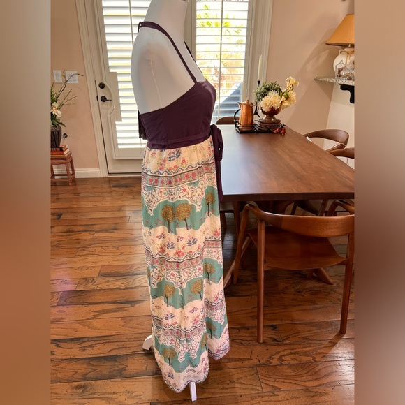 Maeve Skoura Idyll Maxi Dress Silk Blend Halter Novelty Print Whimsical Boho 0 - Picture 3 of 8